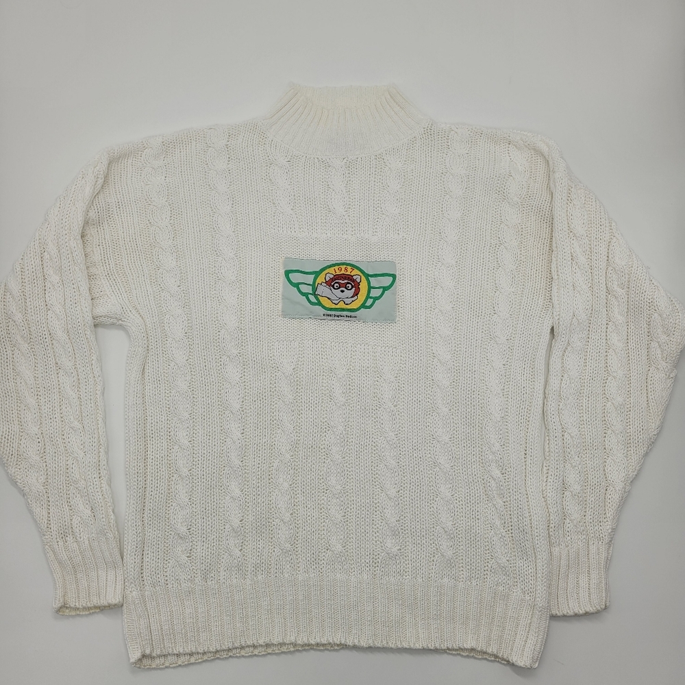 Dayton Hudson Santabear Sweater Vintage 1987 Cable Knit White Mock Neck Sz Large